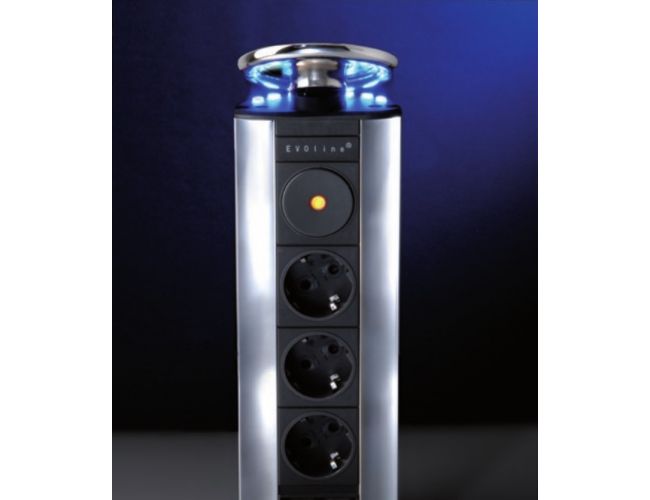 Enchufe de cocina CucineOggi energy box Escamoteable -   IL 700 LED -   3  Enchufes - Tapa en lacada en plata Y 3 Leds Azules.