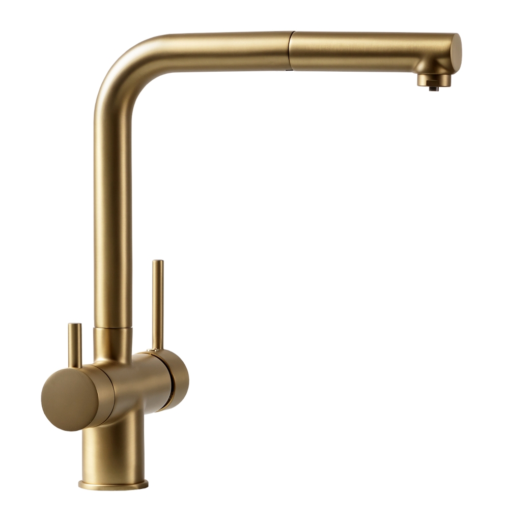 Grifo osmosis con caño extraible en acabado dorado cepillado Grifo osmosis con caño extraible en acabado dorado cepillado