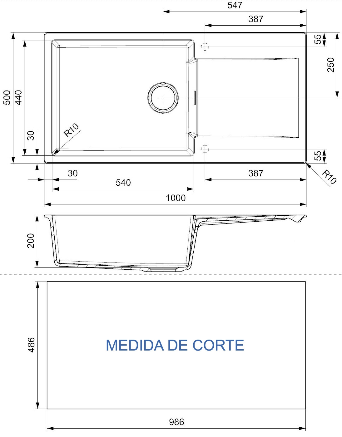 Medidas fregadero un seno y escurridor Amsterdam 540