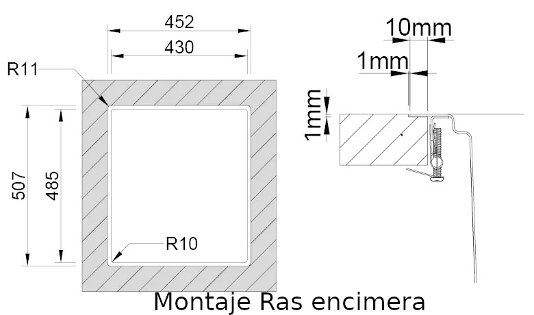 Medidas de corte Rodi UNA 46 ras encimera