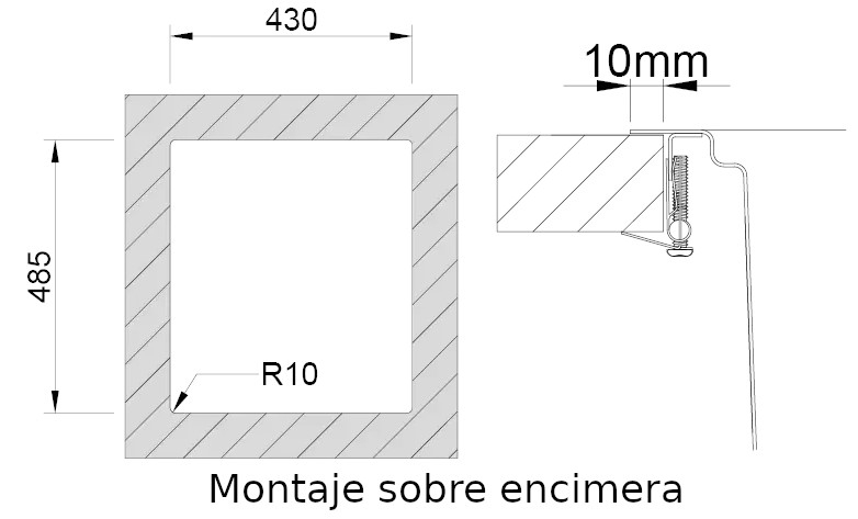 Medidas de corte Rodi UNA 46 sobre encimera