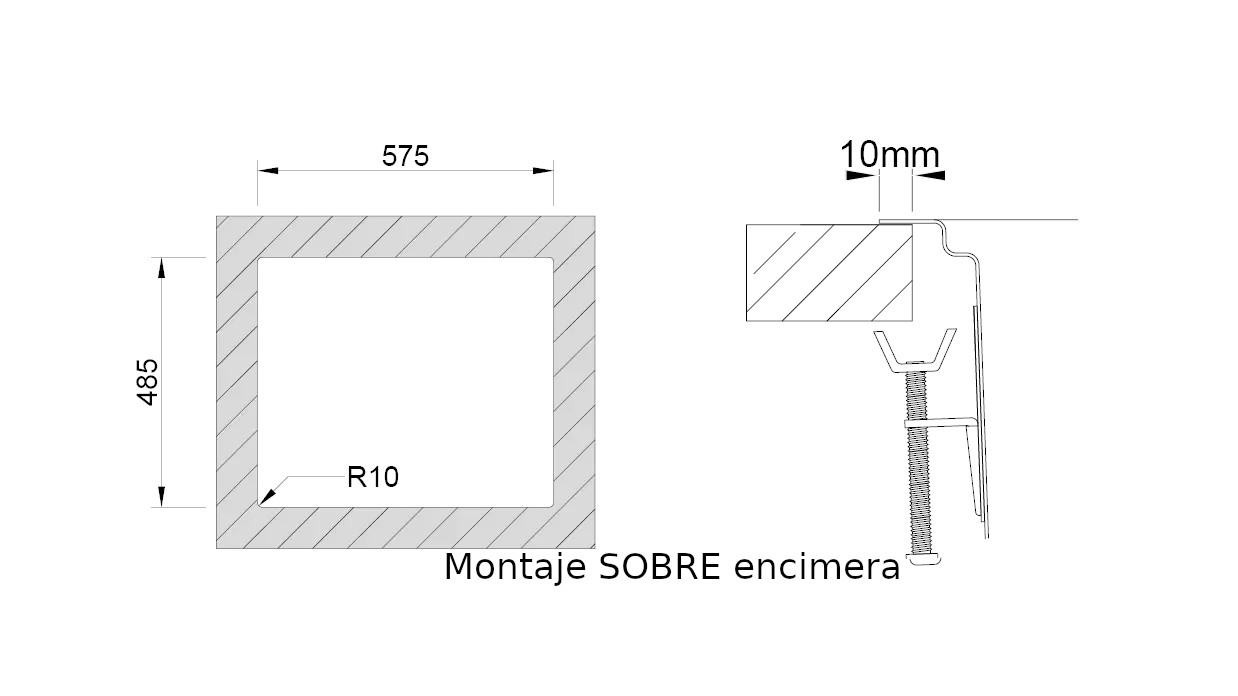 Medidas de corte Rodi UNA 56 sobre encimera Medidas de corte Rodi UNA 56 sobre encimera