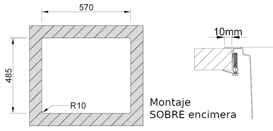 Medidas de corte Rodi UNA 60 reverse sobre encimera