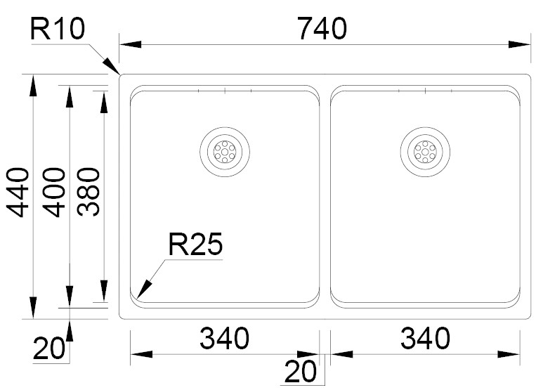 Medidas Fregadero 2 cubetas Rodi UNA 75 Medidas Fregadero 2 cubetas Rodi UNA 75
