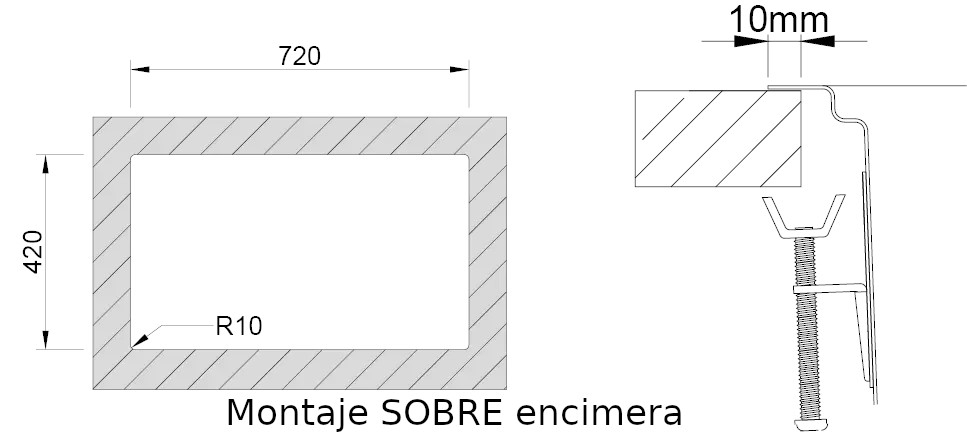 Medidas de corte Rodi UNA 75 sobre encimera Medidas de corte Rodi UNA 75 sobre encimera