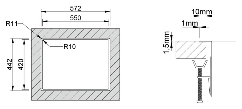 Medida de corte Rodi BOX LUX 55 INTEGRADO encimera Medida de corte Rodi BOX LUX 55 INTEGRADO encimera