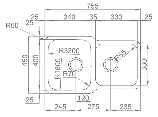 Medidas Fregadero Rodi "cubetas individuales" DUO 90R