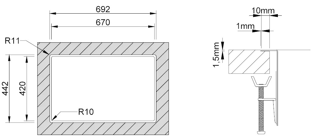 Medida de corte Rodi invisible 70 SOBRE encimera Medida de corte Rodi invisible 70 SOBRE encimera